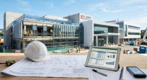 Cetak biru, helm proyek, dan tablet di depan Rumah Sakit St. Jude yang sedang direnovasi