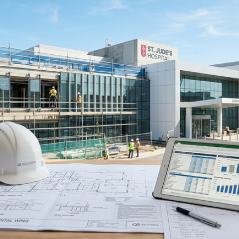 Cetak biru, helm proyek, dan tablet di depan Rumah Sakit St. Jude yang sedang direnovasi