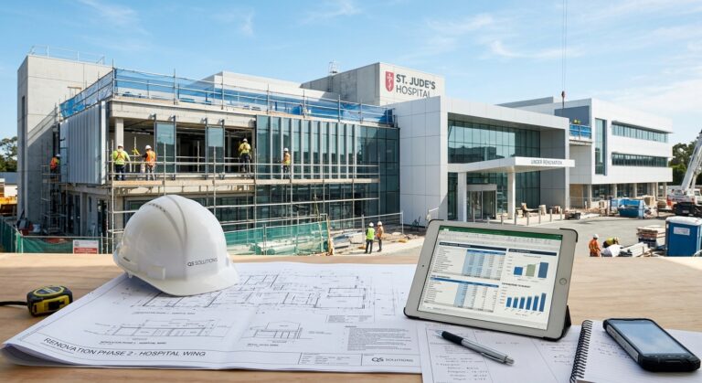 Cetak biru, helm proyek, dan tablet di depan Rumah Sakit St. Jude yang sedang direnovasi