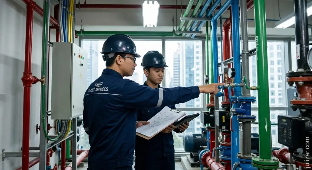 Mengoptimalkan Kinerja dan Efisiensi Gedung: Pentingnya Audit MEP 2 Audit MEP Dua teknisi MEP Audit Services sedang memeriksa pipa dan pengukur tekanan di ruang mekanikal