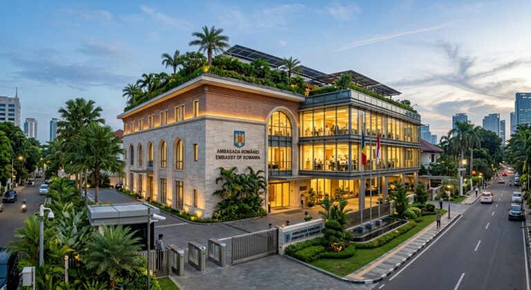 Layanan 14 Manajemen Konstruksi Kedutaan Besar Rumania Gedung Kedutaan Besar Rumania di Jakarta dengan taman atap dan panel surya