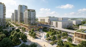 PT Jakarta Industrial Estate Pulogadung Visualisasi kawasan perkotaan modern dengan gedung tinggi bervegetasi, taman, area pejalan kaki, dan monorel layang